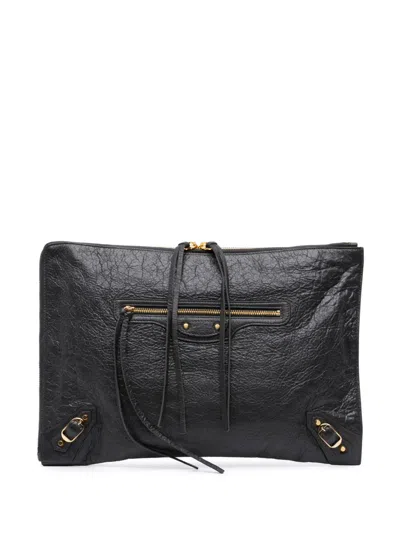 Pre-owned Balenciaga 2017 Lambskin Motocross Classic Zip Around Flat Clutch Bag In Black