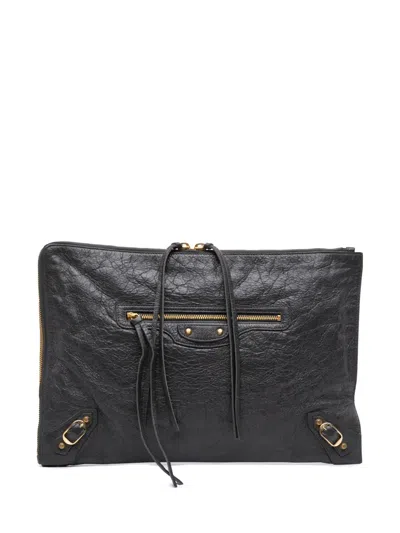 Pre-owned Balenciaga 2017 Lambskin Motocross Classic Zip Around Flat Clutch Bag In Black