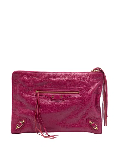 Pre-owned Balenciaga 2017 Lambskin Motocross Classic Zip Around Flat Clutch Bag In Pink