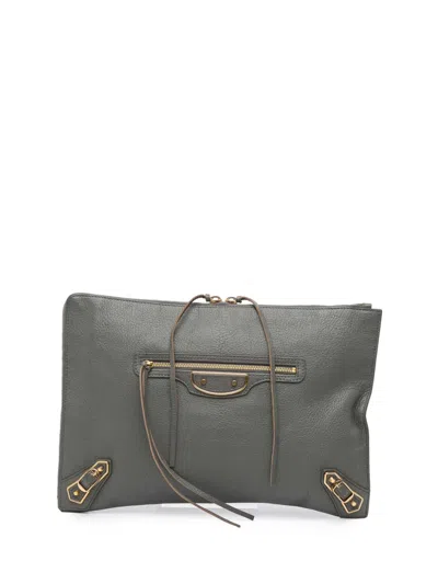 Pre-owned Balenciaga 2017 Lambskin Motocross Metallic Edge Flat Clutch Bag In Gray