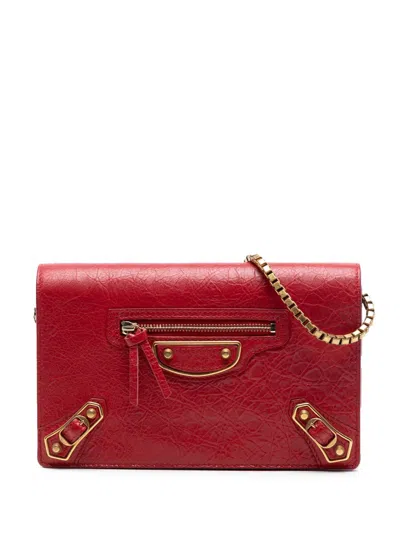 Pre-owned Balenciaga 2017 Lambskin Motocross Metallic Edge Wallet On Chain Crossbody Bag In Red