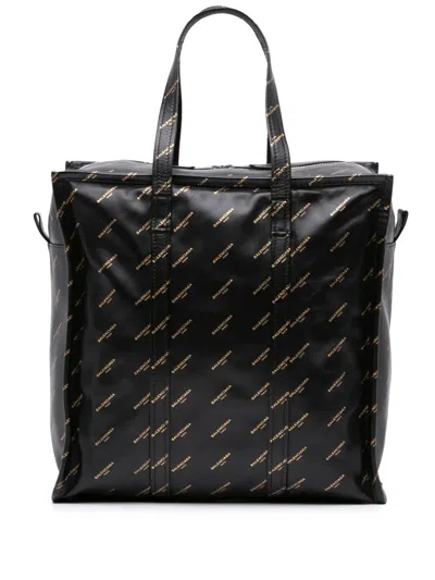 Pre-owned Balenciaga 2017 M Lambskin Allover Logo Bazar Shopper Satchel In Black