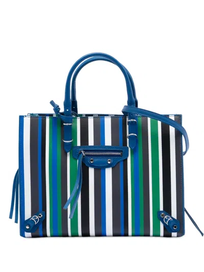 Pre-owned Balenciaga 2017 Mini Leather Striped Papier A6 Zip Around Satchel In Blue