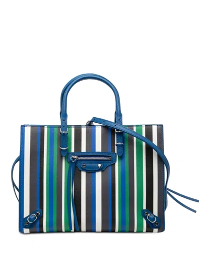 Pre-owned Balenciaga 2017 Mini Leather Striped Papier A6 Zip Around Satchel In Blue