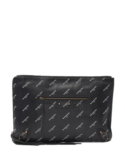 Pre-owned Balenciaga 2018-2025 Lambskin Motocross Logo Print Classic Clutch Bag In Black