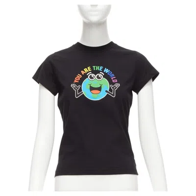 Pre-owned Balenciaga 2018 Black You Are The World Rainbow Globe Print Cropped Tshirt Xs