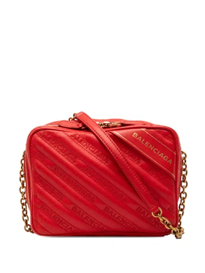 Pre-owned Balenciaga 2018 Calfskin Allover Logo Blanket Reporter Xs Crossbody Bag In Red