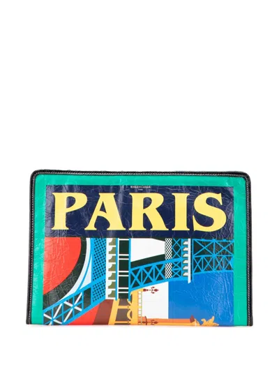 Pre-owned Balenciaga 2018 Lambskin Bazar Paris City Arena Clutch Bag In Blue