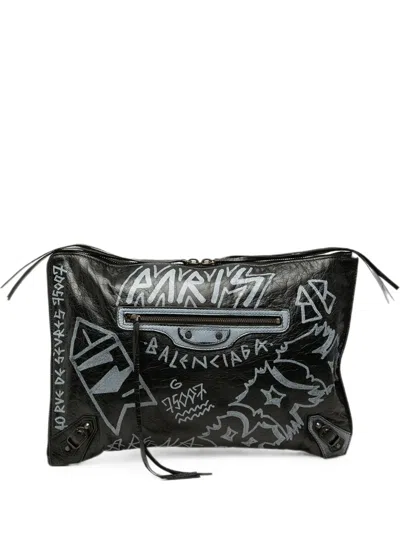 Pre-owned Balenciaga 2018 Lambskin Motocross Classic Graffiti All Over Zip Around Flat Clutch Bag In Black
