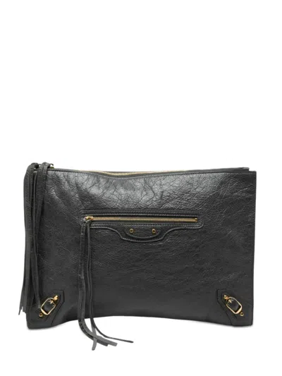 Pre-owned Balenciaga 2018 Lambskin Motocross Classic Zip Around Flat Clutch Bag In Gray