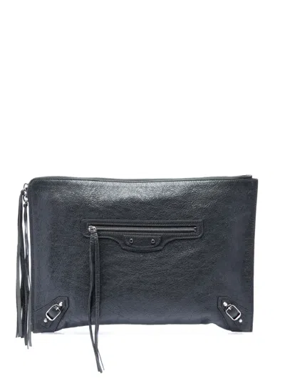 Pre-owned Balenciaga 2018 Lambskin Motocross Classic Zip Around Flat Clutch Bag In Grey