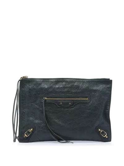 Pre-owned Balenciaga 2018 Lambskin Motocross Classic Zip Around Flat Clutch Bag In Grey