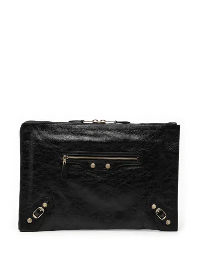 Pre-owned Balenciaga 2018 Lambskin Motocross Giant 12 Zip Around Flat Clutch Bag In Black