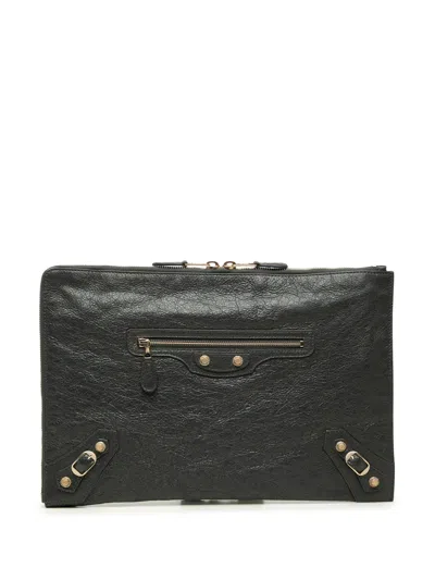 Pre-owned Balenciaga 2018 Lambskin Motocross Giant 12 Zip Around Flat Clutch Bag In Black