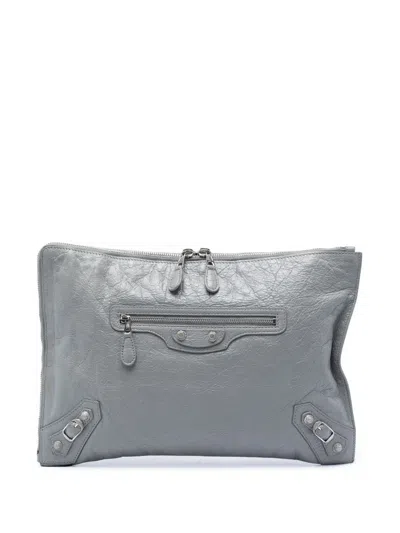 Pre-owned Balenciaga 2018 Lambskin Motocross Giant 12 Zip Around Flat Clutch Bag In Gray