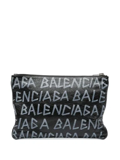 Pre-owned Balenciaga 2018 Leather Graffiti Clutch Bag In Black