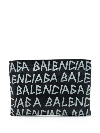 Pre-owned Balenciaga 2018 Leather Graffiti Clutch Bag In Black