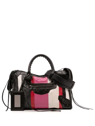 Pre-owned Balenciaga 2018 Small Lambskin Motocross Striped Classic City Satchel In Black