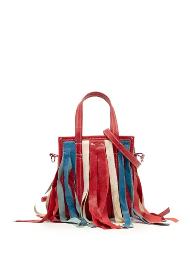 Pre-owned Balenciaga 2018 Xxs Lambskin Fringe Bazar Shopper Satchel In Red