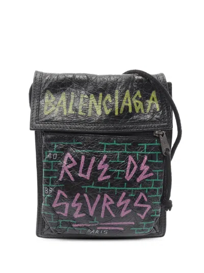 Pre-owned Balenciaga 2018-2020 Small Lambskin Graffiti Explorer Crossbody Bag In Black