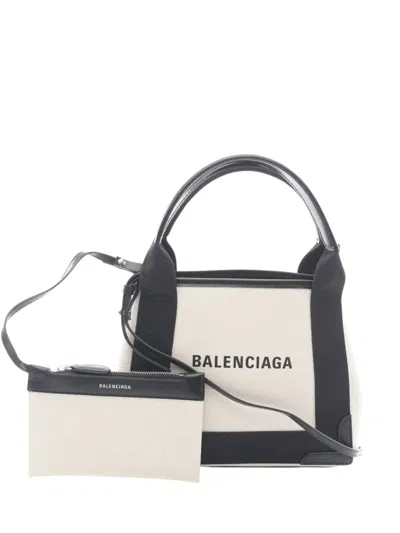 Pre-owned Balenciaga 2018-2026 Canvas Navy Cabas Xs Satchel In White