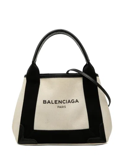 Pre-owned Balenciaga 2018-2026 Canvas Navy Cabas Xs Satchel In White