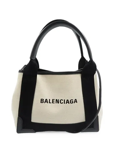 Pre-owned Balenciaga 2018-2026 Canvas Navy Cabas Xs Satchel In White