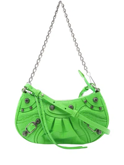 Pre-owned Balenciaga 2018-2026 Croc Embossed Leather Motocross Le Cagole Xs Crossbody Bag In Green