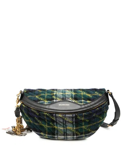 Pre-owned Balenciaga 2018-2026 Diagonal Quilted Wool Allover Logo Souvenir Xs Belt Bag In Green