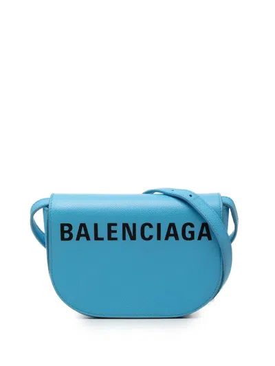 Pre-owned Balenciaga 2018-2026 Grained Calfskin Logo Ville Day Xs Crossbody Bag In Blue