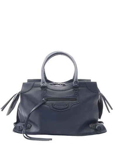 Pre-owned Balenciaga 2018-2026 Large Grained Calfskin Motocross Neo Classic City Satchel In Blue