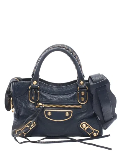 Pre-owned Balenciaga 2018-2026 Mini Calfskin Motocross Classic Metallic Edge City Satchel In Blue