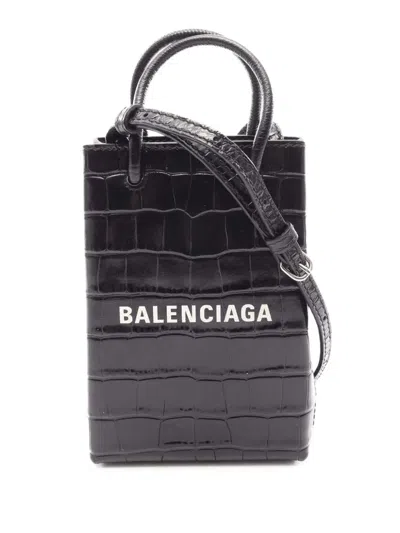 Pre-owned Balenciaga 2018-2026 Mini Croc Embossed Leather Shopping Phone Holder Satchel In Black