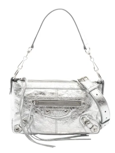 Pre-owned Balenciaga 2018-2026 Mini Metallic Lambskin Le City Moto Bag Satchel In Silver