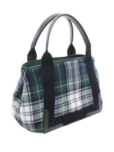 Pre-owned Balenciaga 2018-2026 Plaid Wool Navy Cabas S Tote Bag In Green
