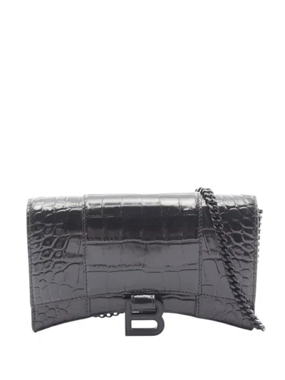 Pre-owned Balenciaga 2018-2026 Shiny Calfskin Crocodile Embossed Hourglass Wallet On Chain Crossbody Bag In Black