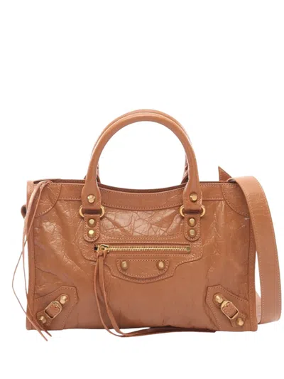 Pre-owned Balenciaga 2018-2026 Small Lambskin Motocross Classic City Satchel In Brown
