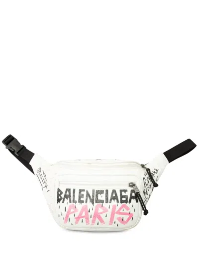 Pre-owned Balenciaga 2019 Lambskin Graffiti Explorer Belt Bag In White