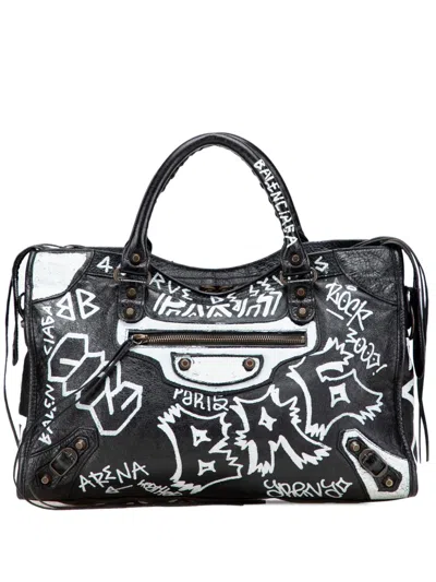 Pre-owned Balenciaga 2019 Lambskin Motocross Graffiti All Over Classic City Satchel In Black