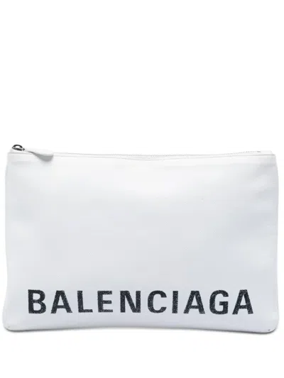 Pre-owned Balenciaga 2019 Leather Ville Logo Zip Pouch Clutch Bag In White