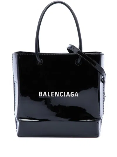 Pre-owned Balenciaga 2019 Patent Logo Shopping Tote Xxs Satchel In Black