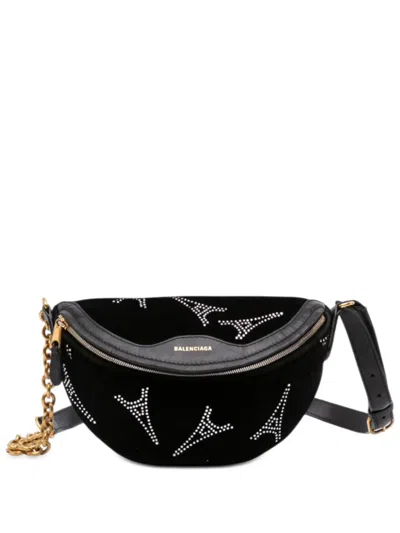 Pre-owned Balenciaga 2019 Velvet Crystal Embellished Souvenir Xxs Belt Bag In Black