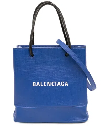 Pre-owned Balenciaga 2019 Xxs Leather Logo Shopping Tote Satchel In Blue