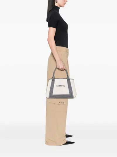 Pre-owned Balenciaga 2020 Canvas Navy Cabas S Tote Bag In White