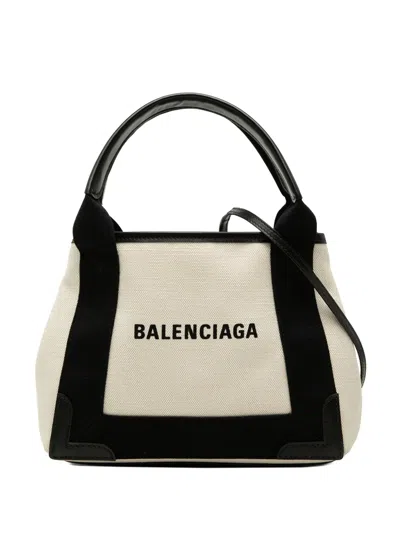 Pre-owned Balenciaga 2020 Canvas Navy Cabas Xs Satchel In Brown