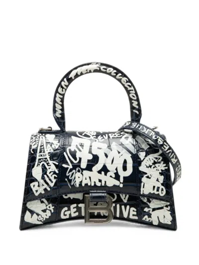 Pre-owned Balenciaga 2020 Croc Embossed Calfskin Graffiti Hourglass Top Handle Bag Xs Satchel In Blue