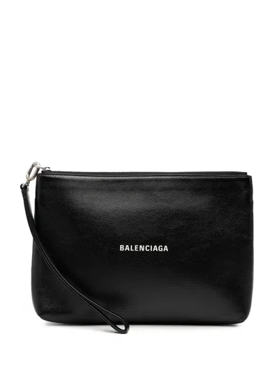 Pre-owned Balenciaga 2020 Leather Logo Cash Pouch Clutch Bag In Black