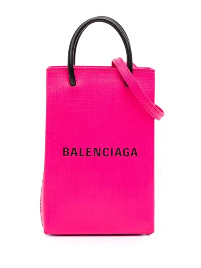 Pre-owned Balenciaga 2020 Mini Calfskin Logo Shopping Phone Holder Satchel In Pink