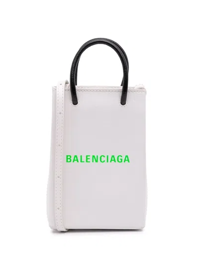 Pre-owned Balenciaga 2020 Mini Calfskin Logo Shopping Phone Holder Satchel In White