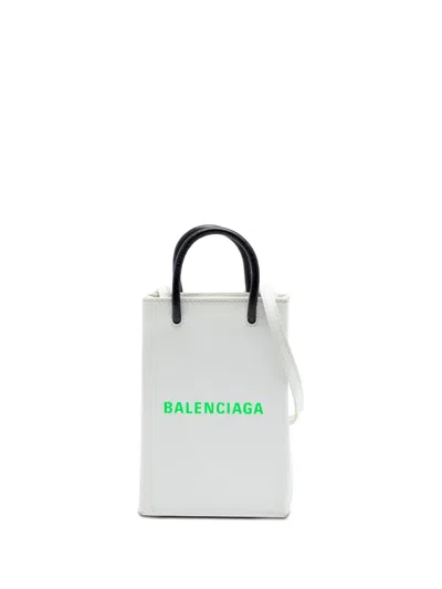 Pre-owned Balenciaga 2020 Mini Calfskin Logo Shopping Phone Holder Satchel In White
